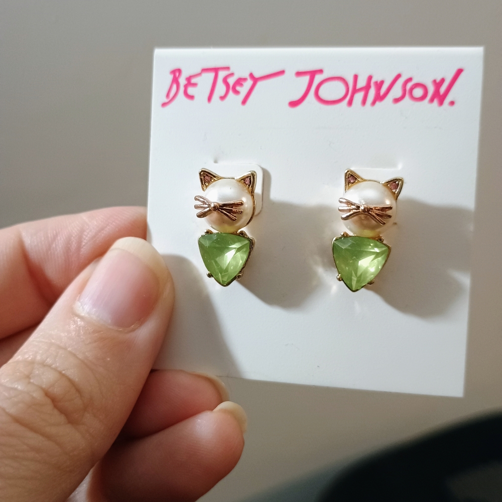 Betsey Johnson Cat Earrings with Green Gem